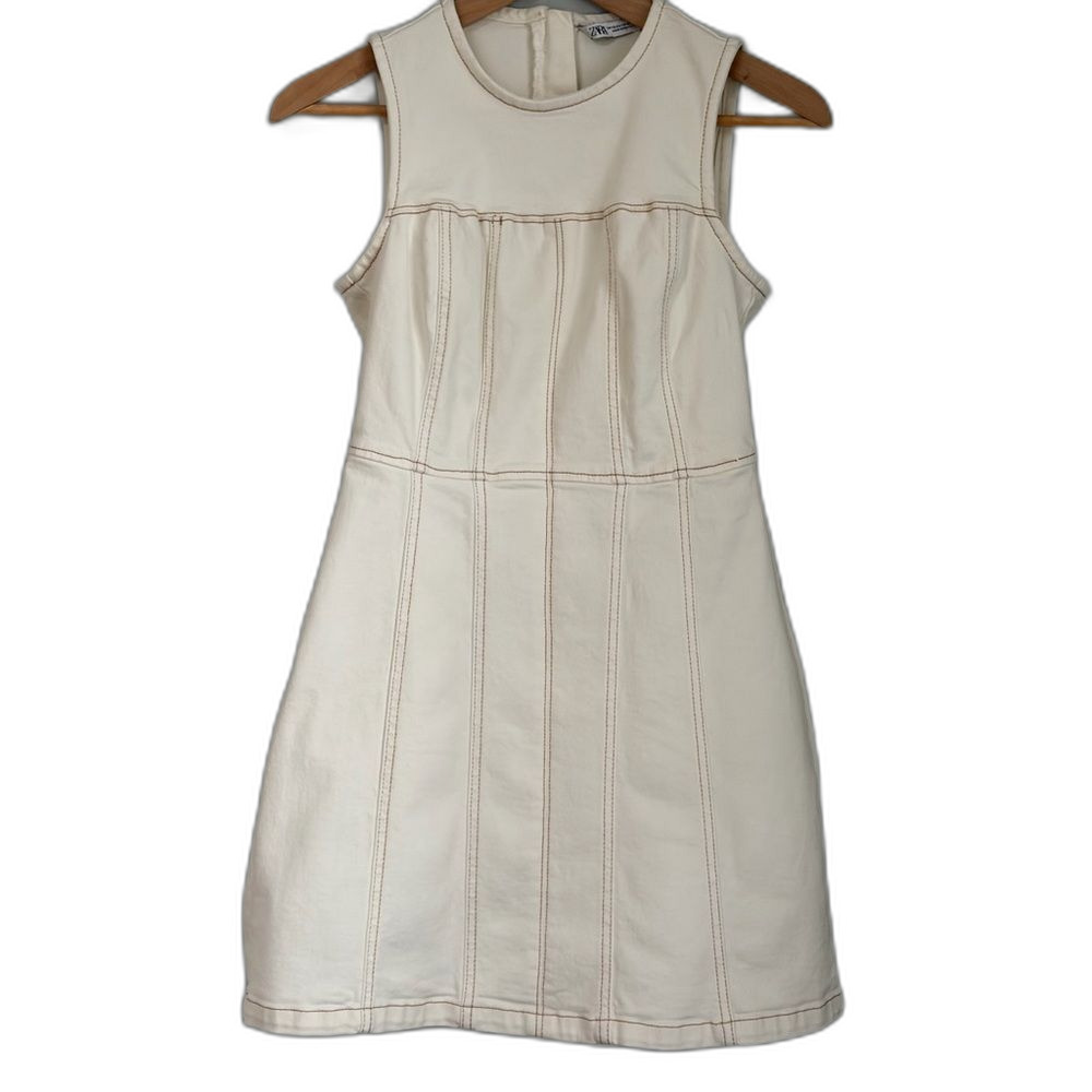Zara Denim Mini‎ Dress Stretch Cream / Ivory Contrast Stitching, Size XS
